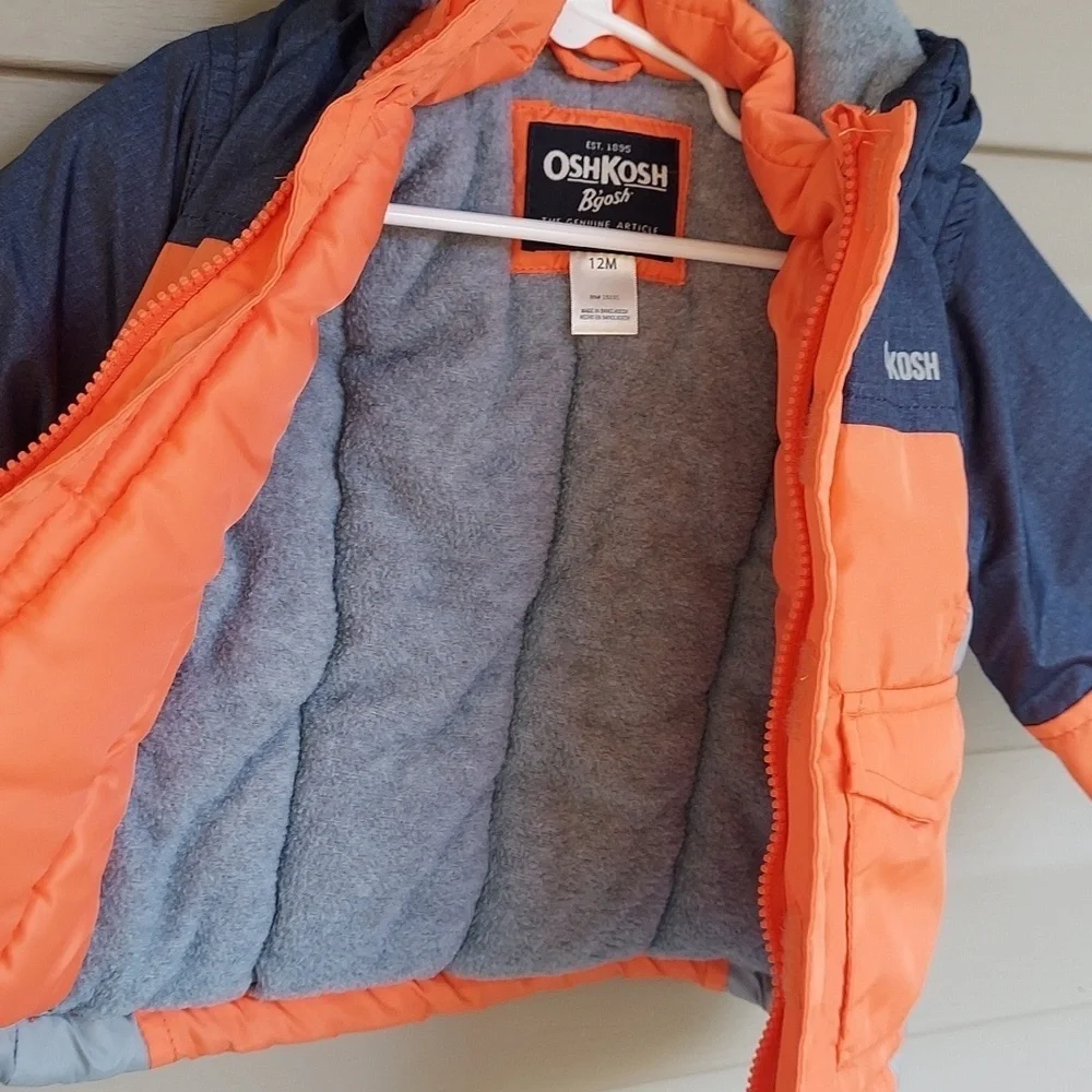 NWOT OshKosh B'gosh Orange and Blue Winter Snowsuit Coat and Bibs 12 Months